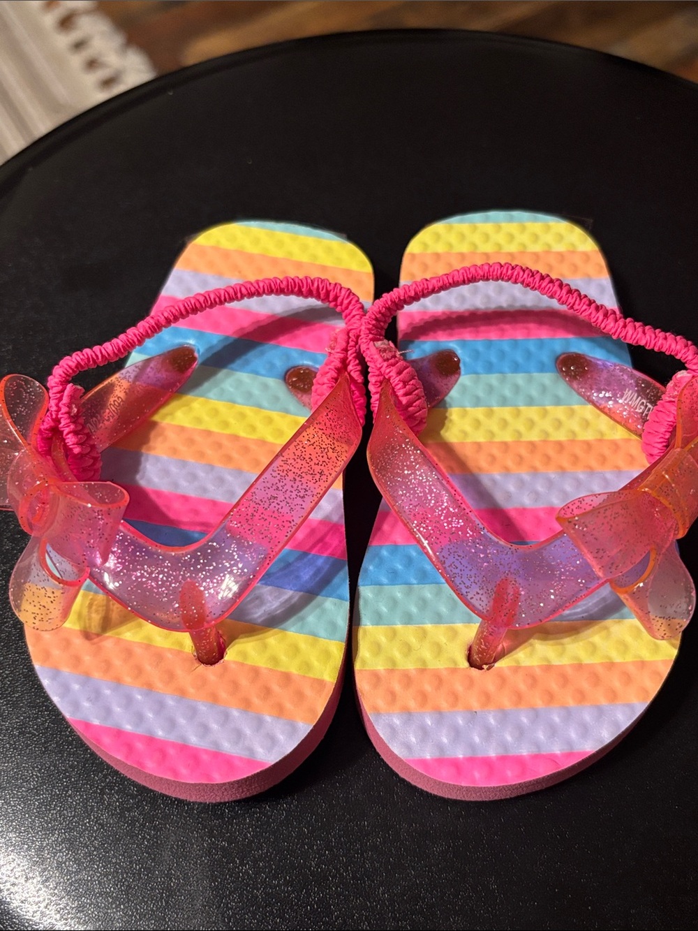 Girls Rainbow Stripe Sandals with Pink Glitter‎ Bow